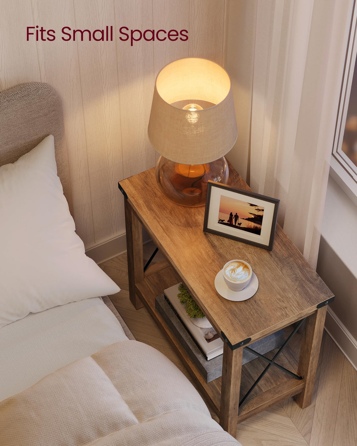 VASAGLE 2-Tier End Table, Side Table with Bottom Shelf, Nightstand for Small Spaces, for Living Room, Bedroom, Farmhouse Style, Honey Brown ULET235K41 VASAGLE