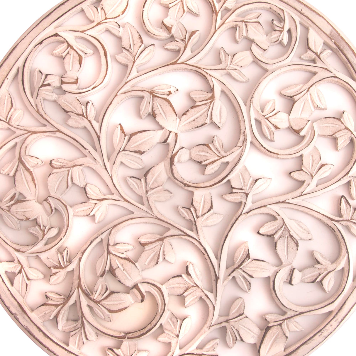 Intricately Handcrafted Decorative Wooden Wall Panel Hanging Sculpture Statue Plaque Art Home Living Room Office Decor Accent Designer Boho Farmhouse Flower Decor, 12 Inch, Round, Cream White The Great Indian Bazaar