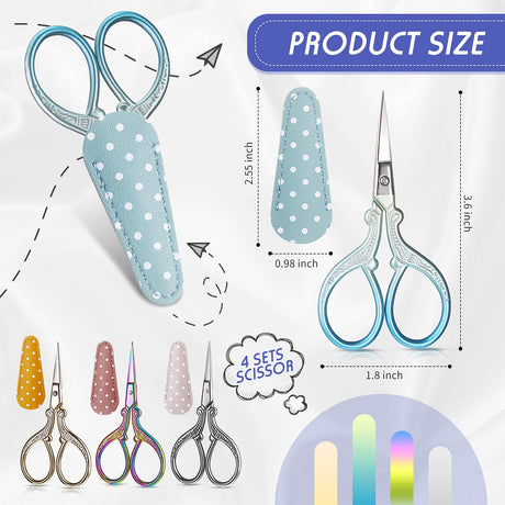 Honoson 4 Pcs Sewing Embroidery Scissors with 4 Pcs Artificial Leather Cover 3.6 Inch Stainless Steel Stork Scissors Vintage Embroidery for Needlework Manual Sewing Handicraft(Retro Colors) Honoson