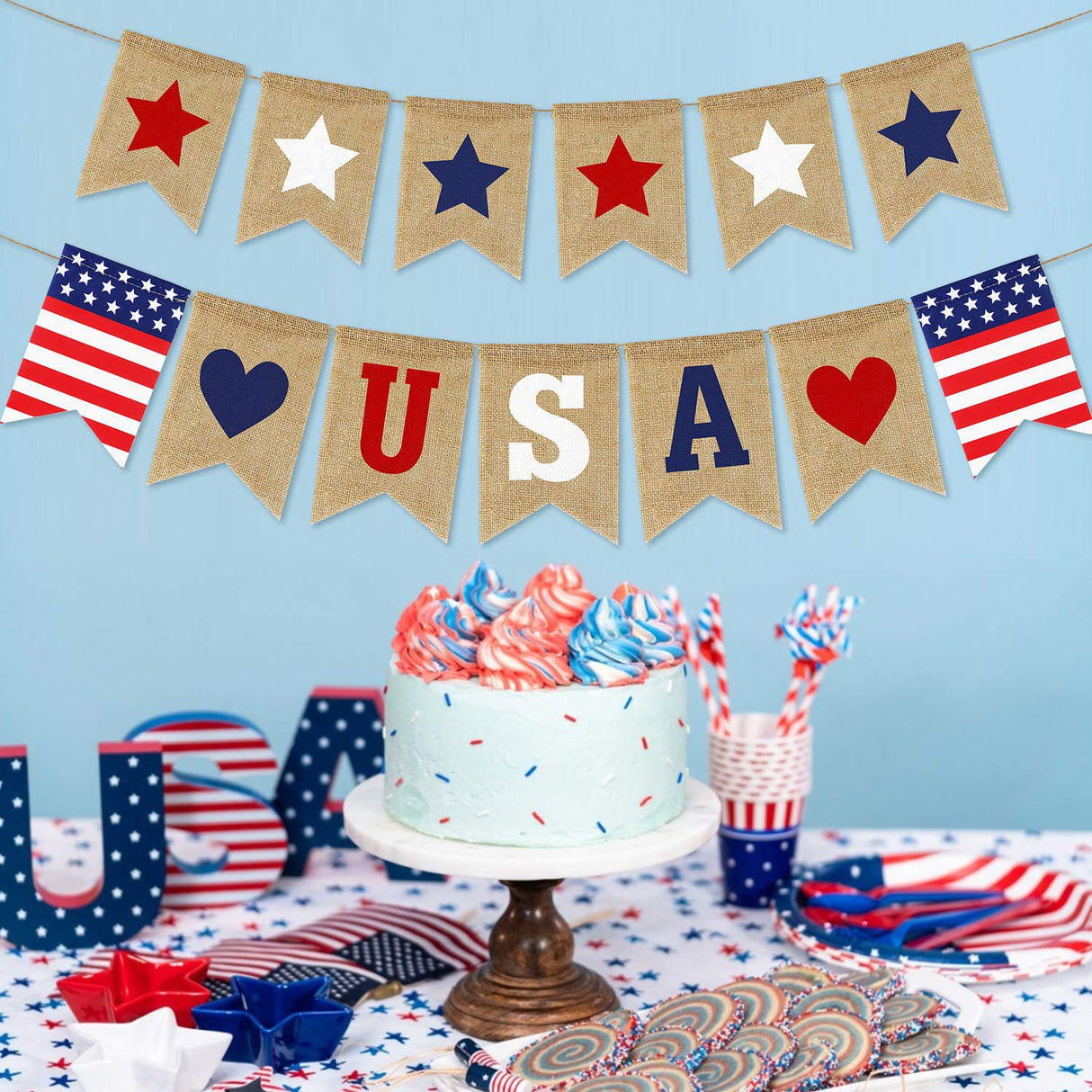 USA Banner Burlap 4th of July Decorations Rustic Patriotic Banner Red White Blue Stars Bunting Garland for President Day 4th of July Party Supplies 4th of July Patriotic Outdoor Indoor hanging Decor Partyprops