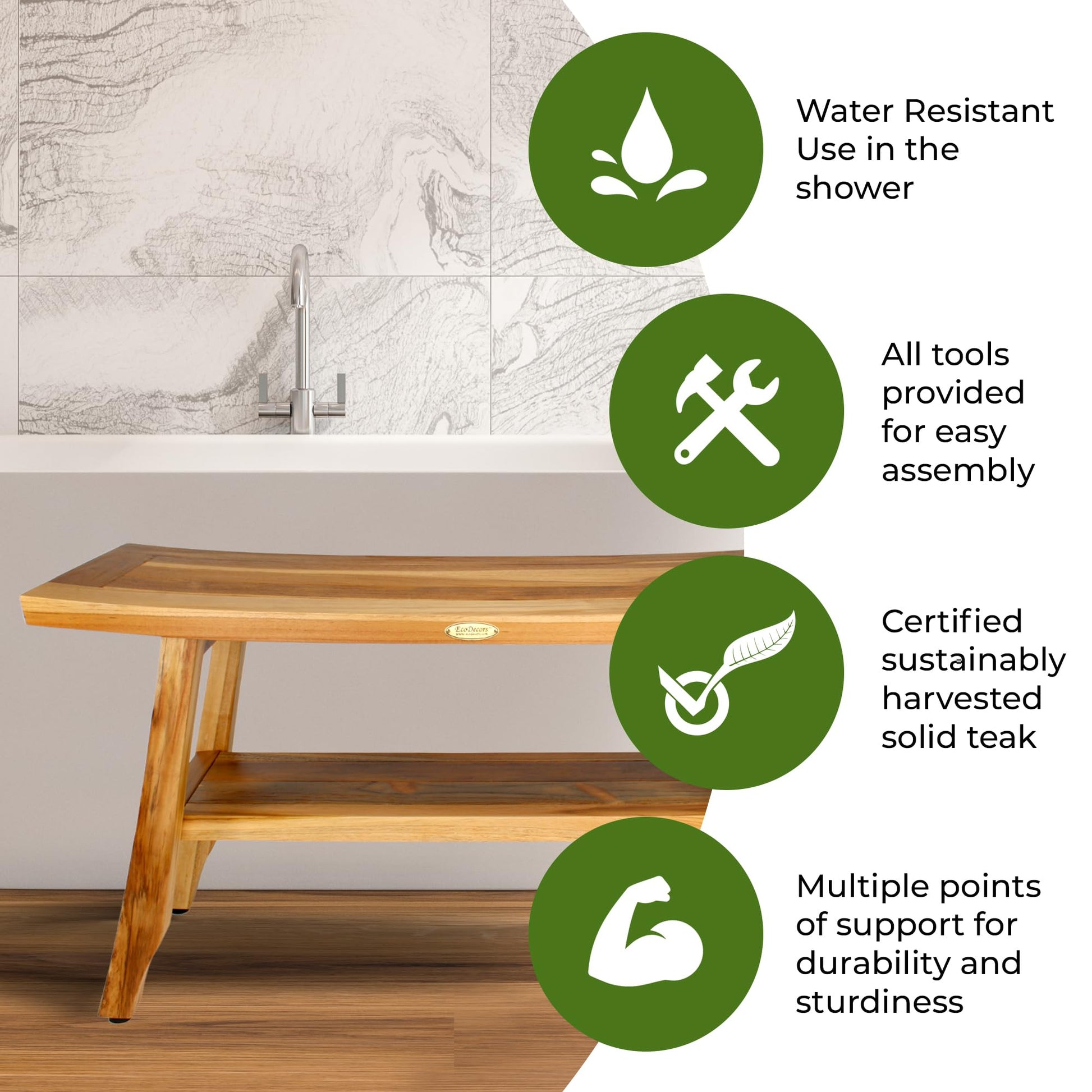 EcoDecors, 34 inch, Brown, Teak Shower Bench, Teak Bench Shower, Teak Bathroom Bench, Teak Wood Shower Bench, Shower Bench Teak, Shower Teak Bench - WoodArtSupply