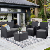 Seogwisam 4 Piece Patio Furniture Set, Outdoor Wicker Conversation Set, Rattan Sectional Sofa Couch with Glass Coffee Table & Thick Cushion for Backyard, Porch, Garden, Poolside, Black/Grey Seogwisam