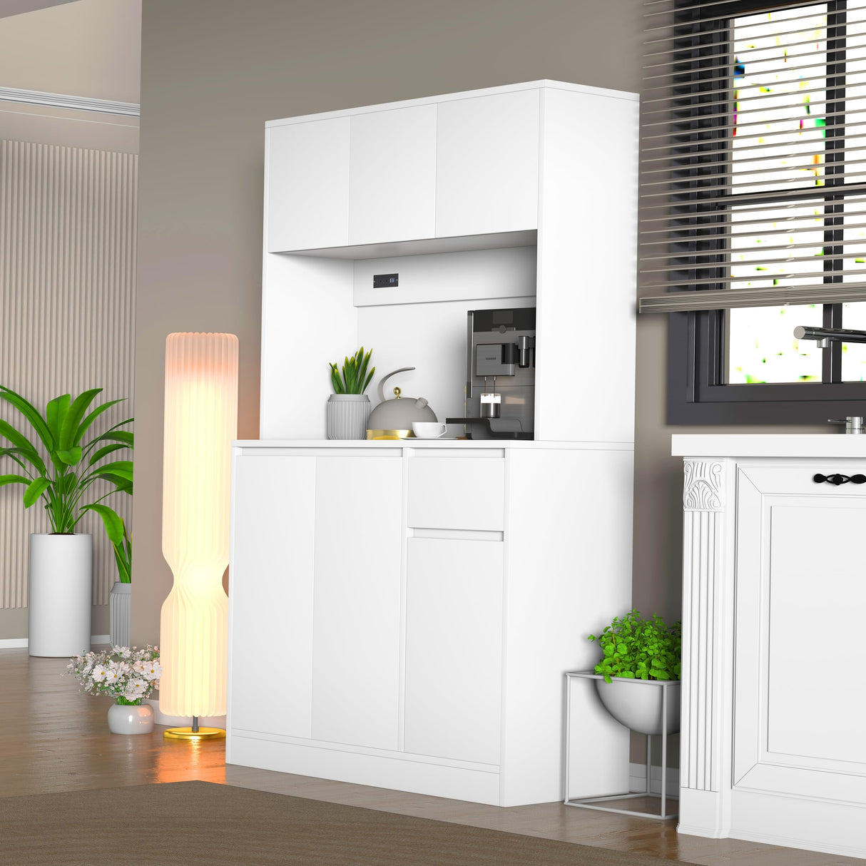 holzart 71" Tall White Kitchen Pantry Cabinet, Kitchen Pantry Storage Cabinet with Power Outlet, Freestanding Kitchen Hutch with countertop holzart