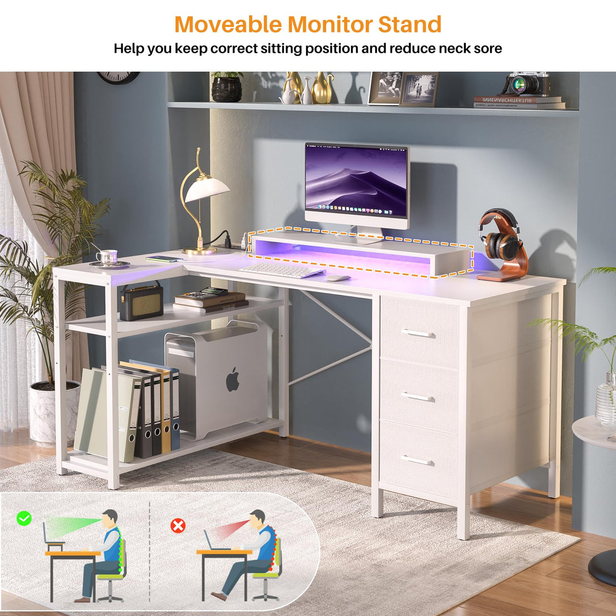 Aheaplus 53 Inch Gaming Desk with Power Outlets & LED Lights, Reversible L Shaped Computer Desk with 3 Drawers & Monitor Stand, Home Office Desk Corner Gamer Desk with Storage Shelves, White Aheaplus