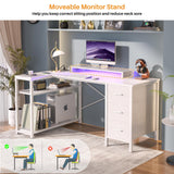 Aheaplus 53 Inch Gaming Desk with Power Outlets & LED Lights, Reversible L Shaped Computer Desk with 3 Drawers & Monitor Stand, Home Office Desk Corner Gamer Desk with Storage Shelves, White Aheaplus