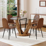 LFVFFA Round Dining Table Set for 4, 48 Inches Kitchen Table with 4 Brown Chairs, Tempered Glass Tabletop with Wood Pedestal Base, 5 Pieces Dinner Table Set for Living Room Apartment LFVFFA