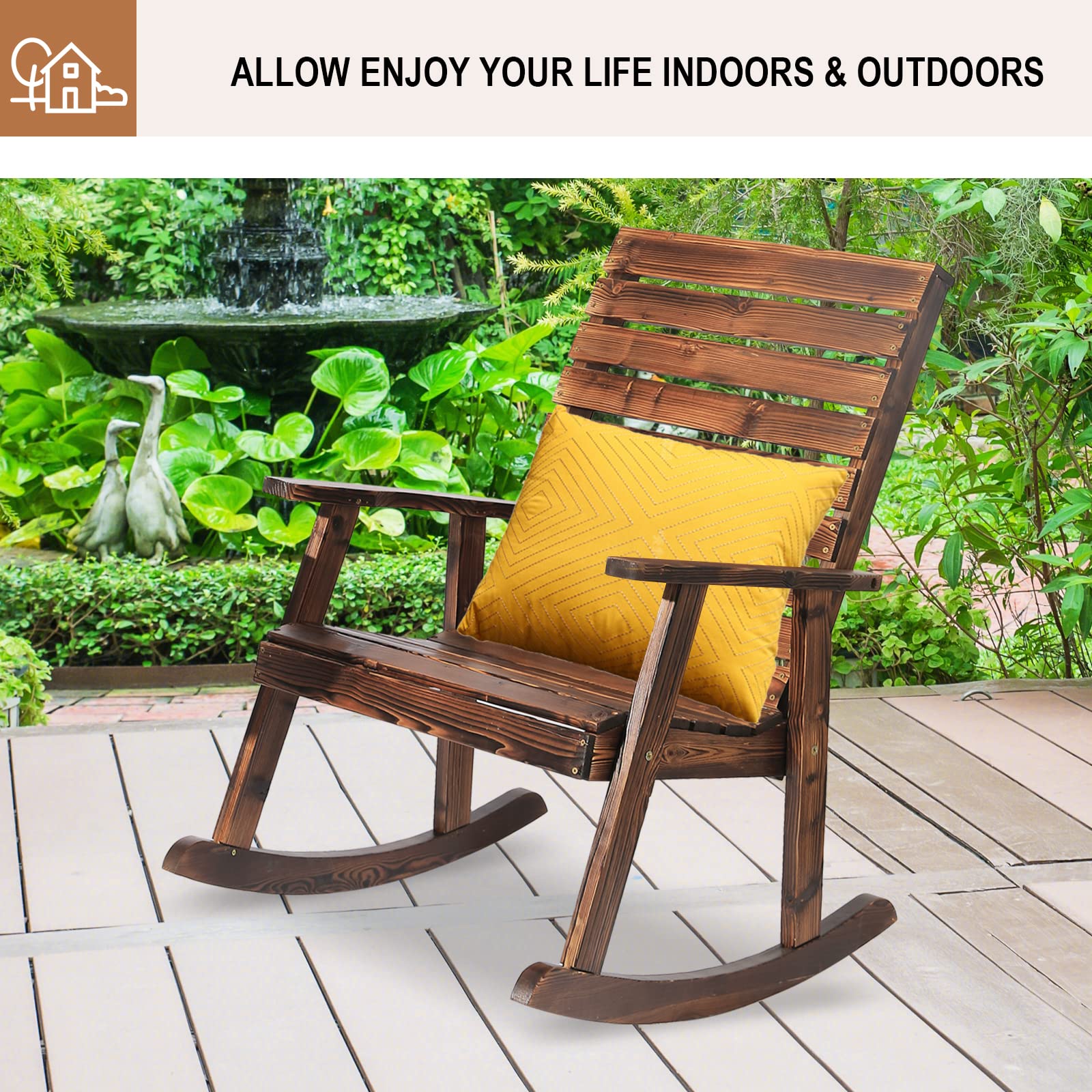 FURNDOOR Outdoor Rocking Chairs Set of 2, Patio Wood Rocker Chairs High Back 2PCS Rocking Chairs for Deck, Garden, Backyard, Porch - WoodArtSupply