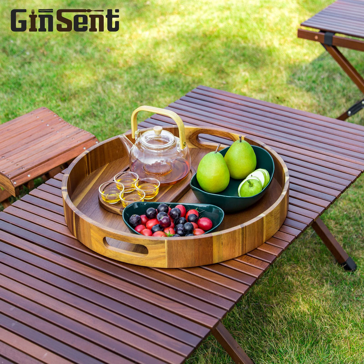 Round Wooden Serving Tray with Handles,20" Large Diameter Wood Serving Trays for Ottoman,Rustic Acacia Wood Circle Tray for Eating, Entertaining,Decorating and Organizing GinSent