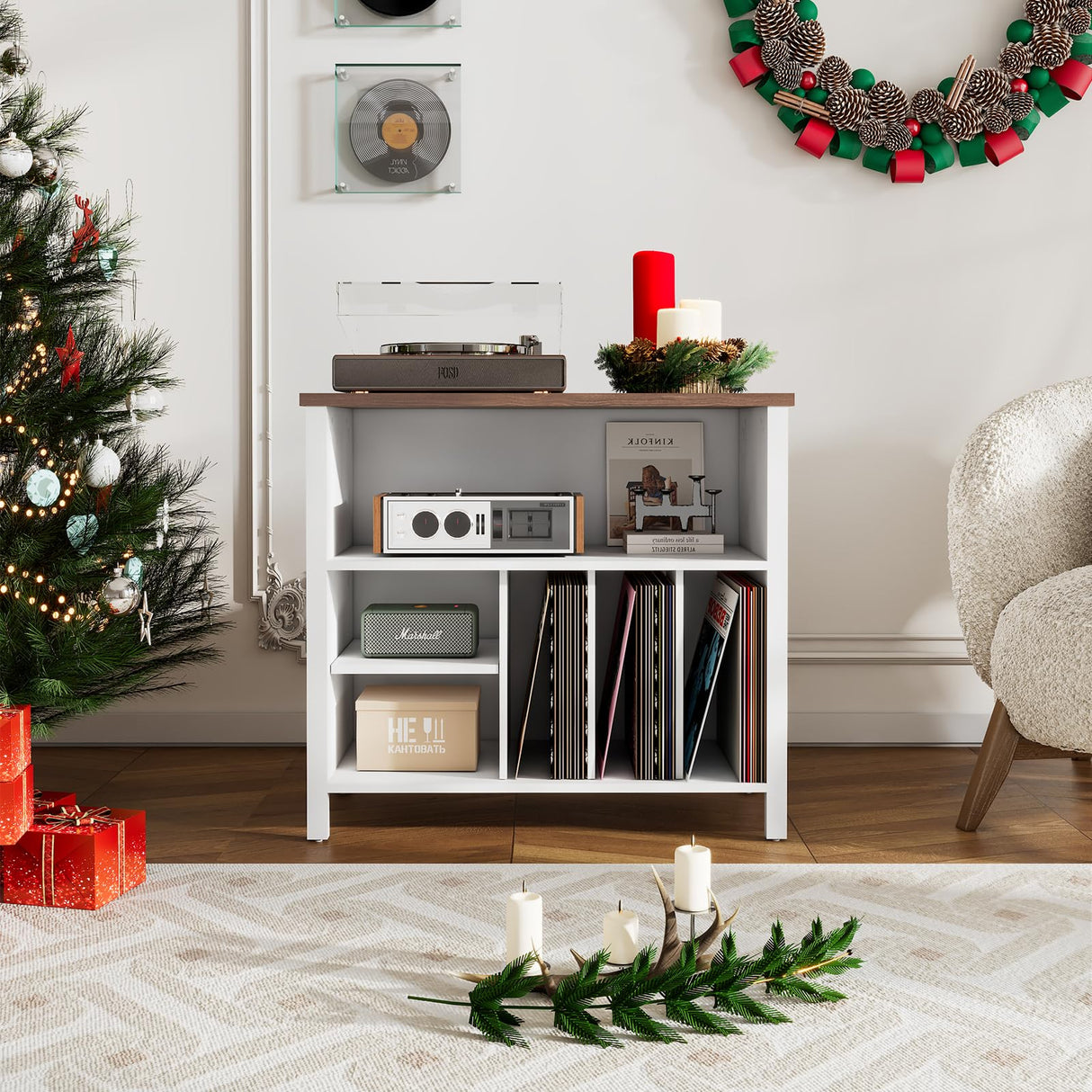 Record Player Stand, Mid-Century Vinyl Record Storage Cabinet, 3-Tier Record Player Holder, Turntable Stand with 4 Cabinet up to 220 Albums, End Table for Bedroom Music Room Living Room, White FFBCFDK