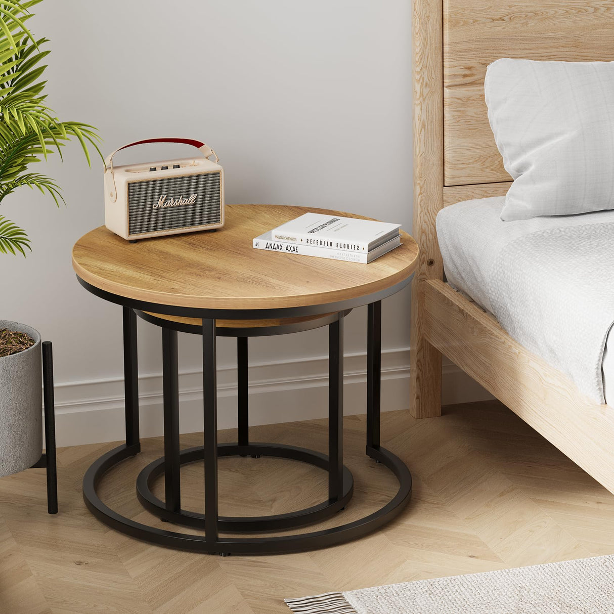 Smuxee Nesting Coffee Table Set of 2, 23.6" Round Coffee Table Brown Wood with Adjustable Non-Slip Feet, Industrial End Table Side Tables for Living Room Bedroom Balcony Yard Smuxee