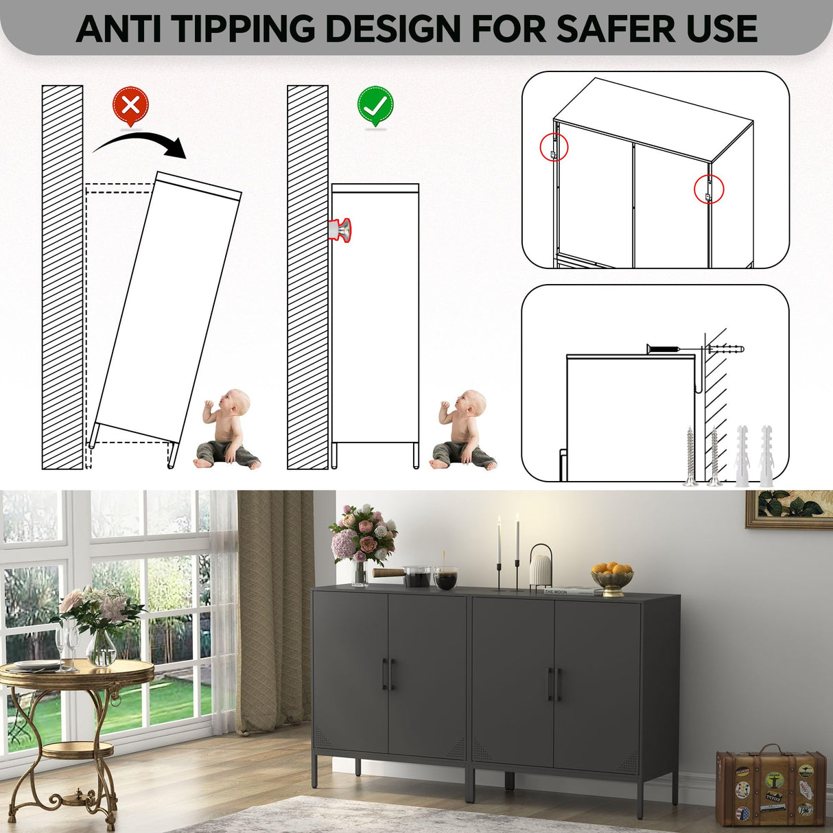 Steehoom Metal Storage Cabinet with Adjustable Shelves, Steel Buffet Sideboard for Entryway, Living Room, Dining Room, Kitchen, Office, Bar (Black) Steehoom