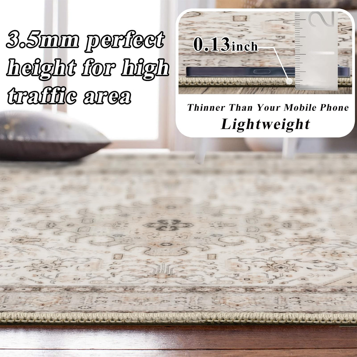 HILORUUG Washable Area Rug 9x12 - Bedroom Living Room Large Indoor Oriental Rugs - 0.13inch Low Pile Stain Resistant Rugs with Rubber Backing for at Least 108 sq ft Spaces (9x12 Ivory/Multi) HILORUUG