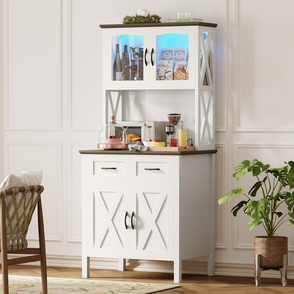 IRONCK 71" Kitchen Pantry Cabinet with LED Lights and Power Outlets, Farmhouse Kitchen Hutch Cabinet with Microwave Stand, Tall Cupboard Kitchen Cabinet with Countertop for Kitchen, White IRONCK