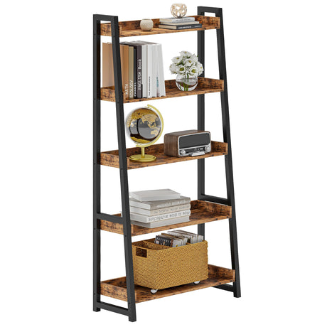 IRONCK Industrial Bookshelf 5-Tier 31.5 in Wide, Bookcase Ladder Shelf, Storage Shelves Rack Shelf Unit, Accent Furniture Metal Frame, Home Office Furniture for Bathroom, Living Room IRONCK