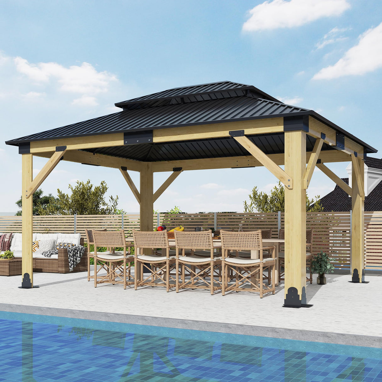 13’x15’ Outdoor Wooden Gazebo - Patio Galvanized Steel Gazebos with Double Vented Roof, Heavy-Duty Cedar Wood Gazebo for Garden, Lawn, Poolside, Backyard Deck GARTOO