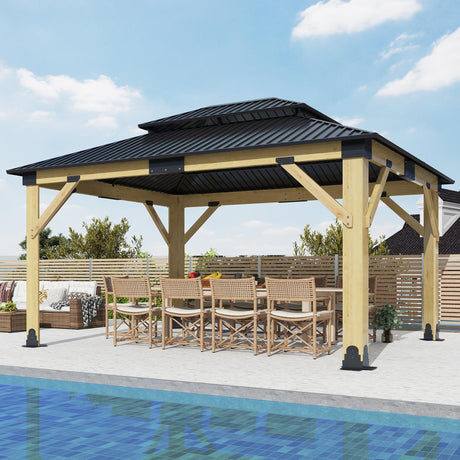 13’x15’ Outdoor Wooden Gazebo - Patio Galvanized Steel Gazebos with Double Vented Roof, Heavy-Duty Cedar Wood Gazebo for Garden, Lawn, Poolside, Backyard Deck GARTOO