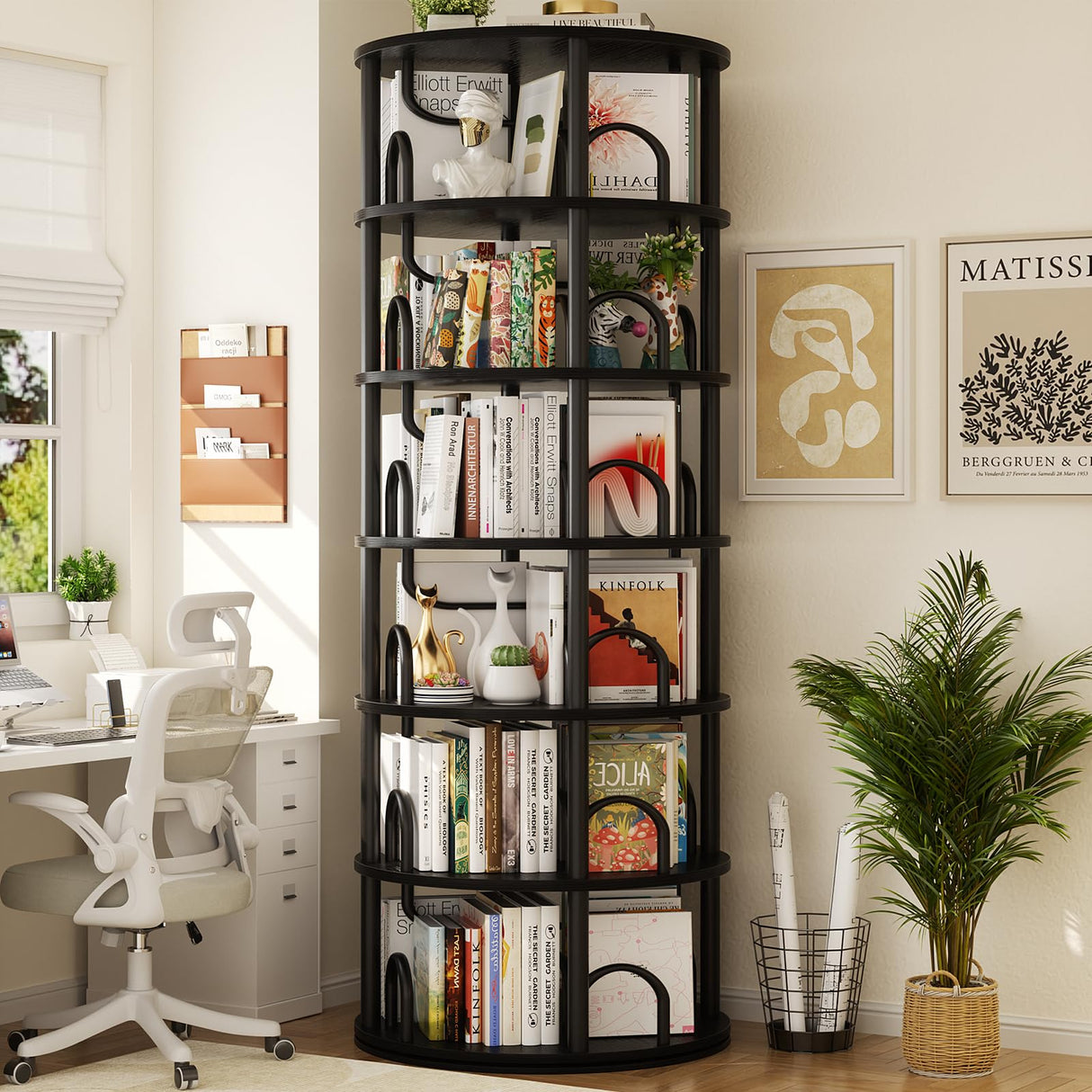 Aheaplus 6 Tier Rotating Bookshelf Tower, Revolving Bookcase, 360° Round Spinning Book Shelf, Narrow Swivel Bookshelves Vertical Rolling Turning Corner Bookshelf Organizer for Small Space, Black Aheaplus