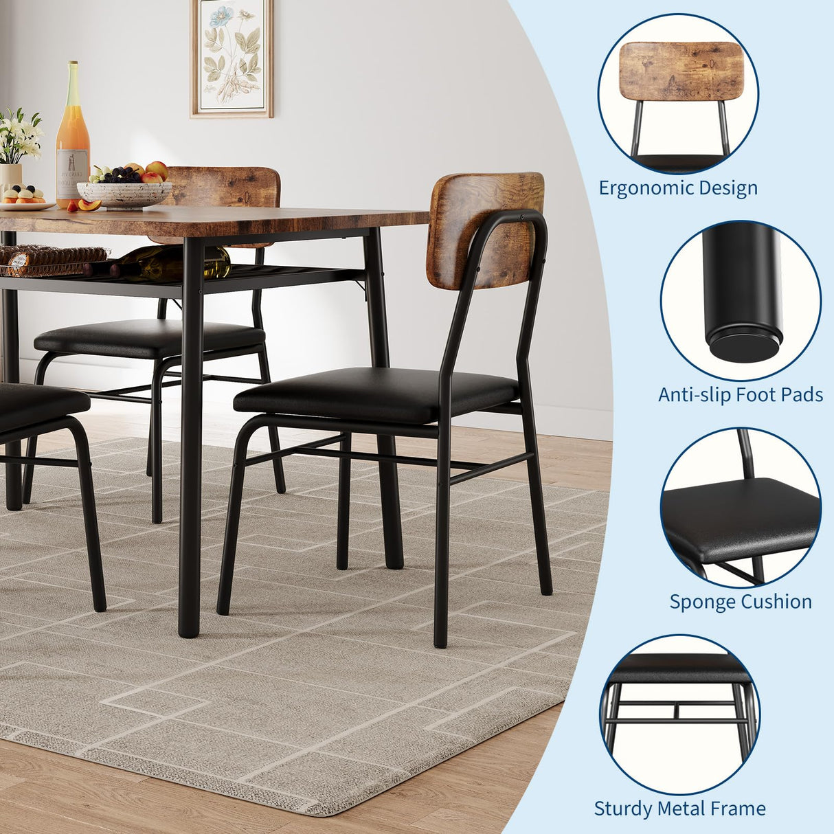 GarveeHome Dining Table Set for 4 with Storage Rack, 5-Piece Kitchen Table and Upholstered Chairs of 4, Wood Tabletop & Heavy-Duty Metel Frame, Dining Room Set for Small Space, Apartment, Brown GarveeHome