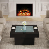 Square Coffee Table with LED Lights, 35.4" Coffee Tables for Living Room, Tempered Glass-top Coffee Table, Black Modern Center Table, Engineered Wood Low Coffee Table for Home Office Gyfimoie