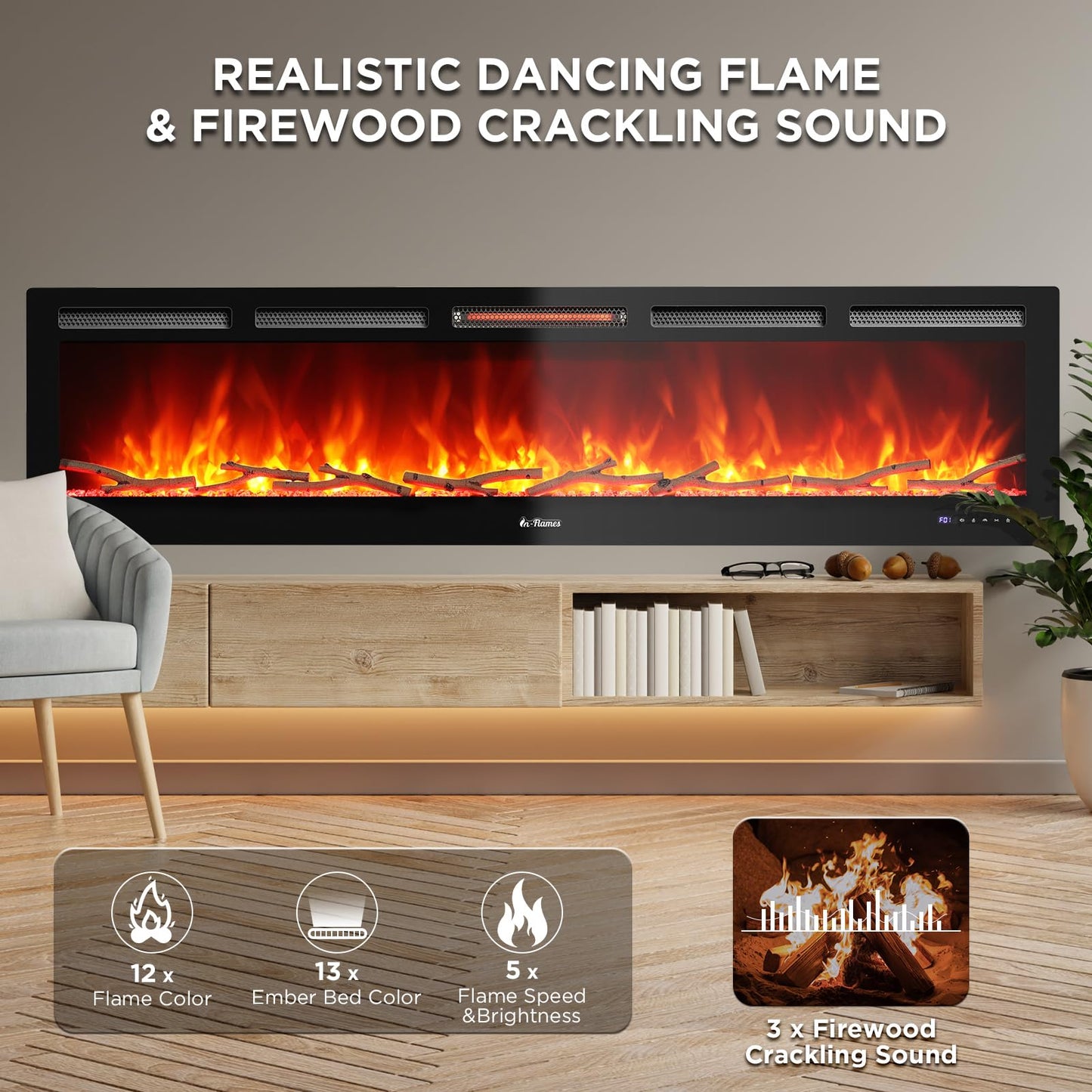 TURBRO 72” Smart WiFi Infrared Electric Fireplace with Sound Crackling and Realistic Flame, 1500W Quartz Heater, Recessed or Wall Mounted, Adjustable Flame Effects, Remote Control and App, in Flames