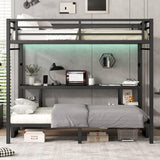 JIJIWANG Queen Over Twin XL Metal Bunk Bed/Loft Bed with Desk and Shelves, Multiple Uses Folds into Sofa with LED and USB, Safety Guard & Ladder, No Box Spring Needed, Black JIJIWANG