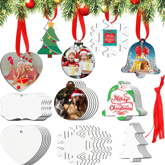 Suzile 36 Pieces Christmas Sublimation Ornament Blanks MDF Sublimation Ornaments Double Sided Personalized Pendants Christmas DIY Hanging Ornament with Red Ribbon for Christmas Wedding Home Decor