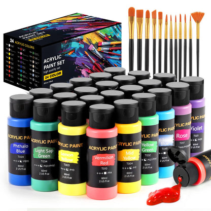 Acrylic Paint Set, 24 Colors (2 oz/Bottle) with 12 Art Brushes, Art Supplies for Painting Canvas, Wood, Ceramic & Fabric, Rich Pigments Lasting Quality for Beginners, Students & Professional  - WoodArtSupply