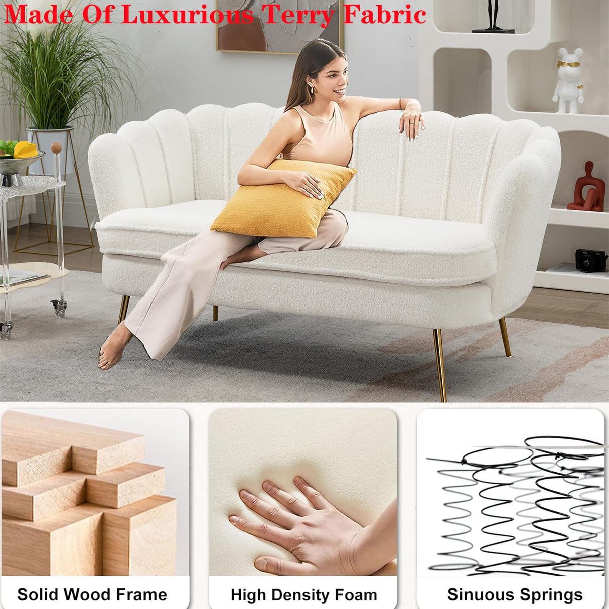 Modern Boucle Loveseat Couch,Futon Small Sofa with Gold Metal Legs ,2-Seater Upholstered Mini Sofa Couches for Small Space,Living Room Bedroom Office Dorm Studio Apartment Love Seat Couche(White) Gustonhon