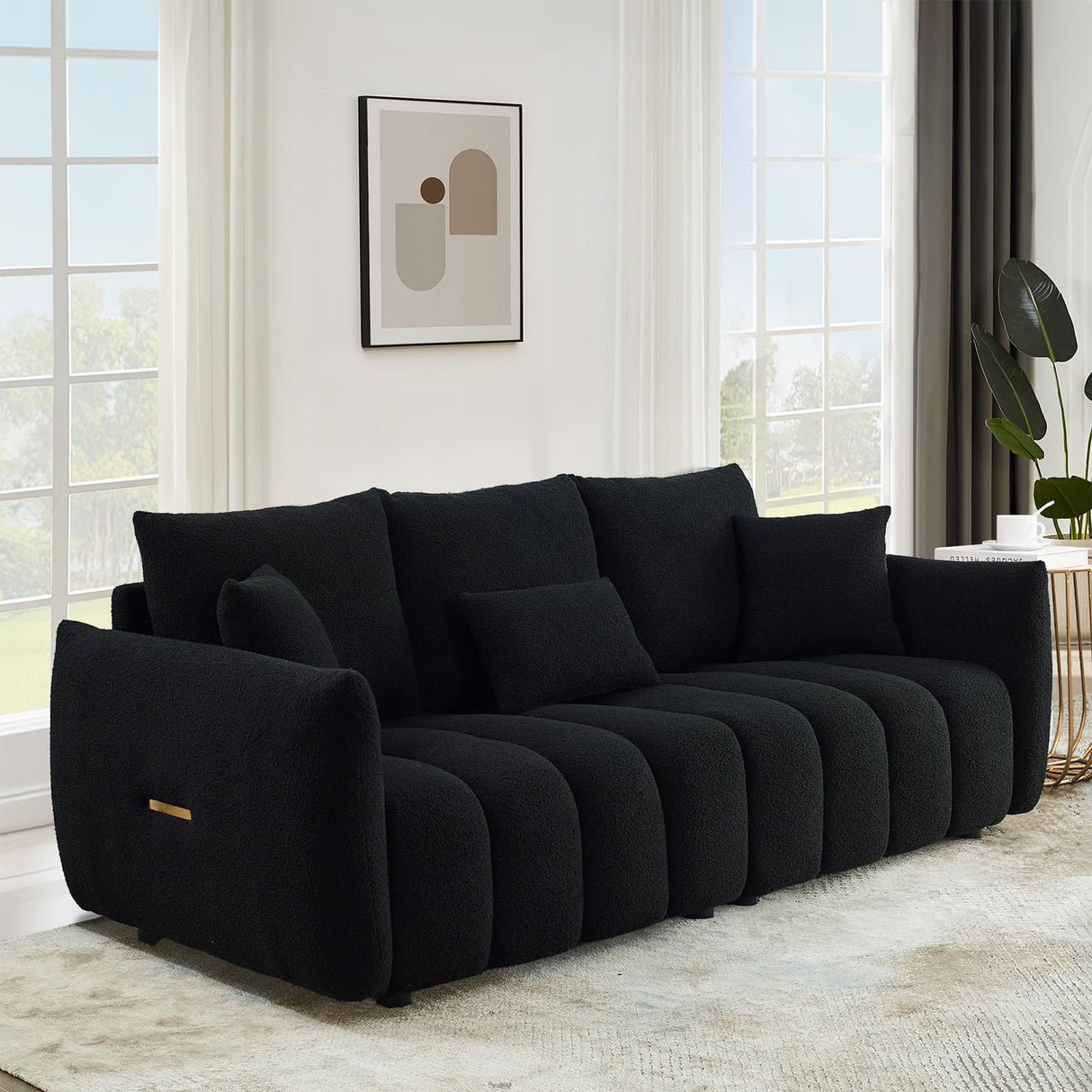 Antetek 82" Modern Sofa Couch, Comfy Deep Seat Teddy Cloud Sofa, Upholstered 3-Seater Boucle Couch, Oversized Loveseat for Living Room, Bedroom, Office, Apartment, Black Antetek