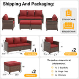 VONZOY Patio Furniture Set, 5 Pieces Outdoor Sectional Couch with Chairs, Ottomans and Thick Cushions, All Weather Wicker Rattan Patio Conversation Set, Wine Red VONZOY