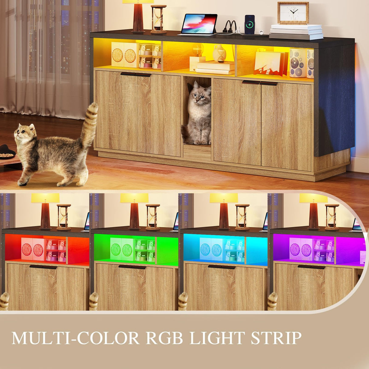 DWVO Cat Litter Box Enclosure for 2 Cats, Litter Box Furniture Hidden with Power Outlet & LED Light, Wooden Cat Cabinet TV Stand Furniture w Double Rooms for Indoor Cats, 59" L x15.7 W x27.5 H, Oak DWVO