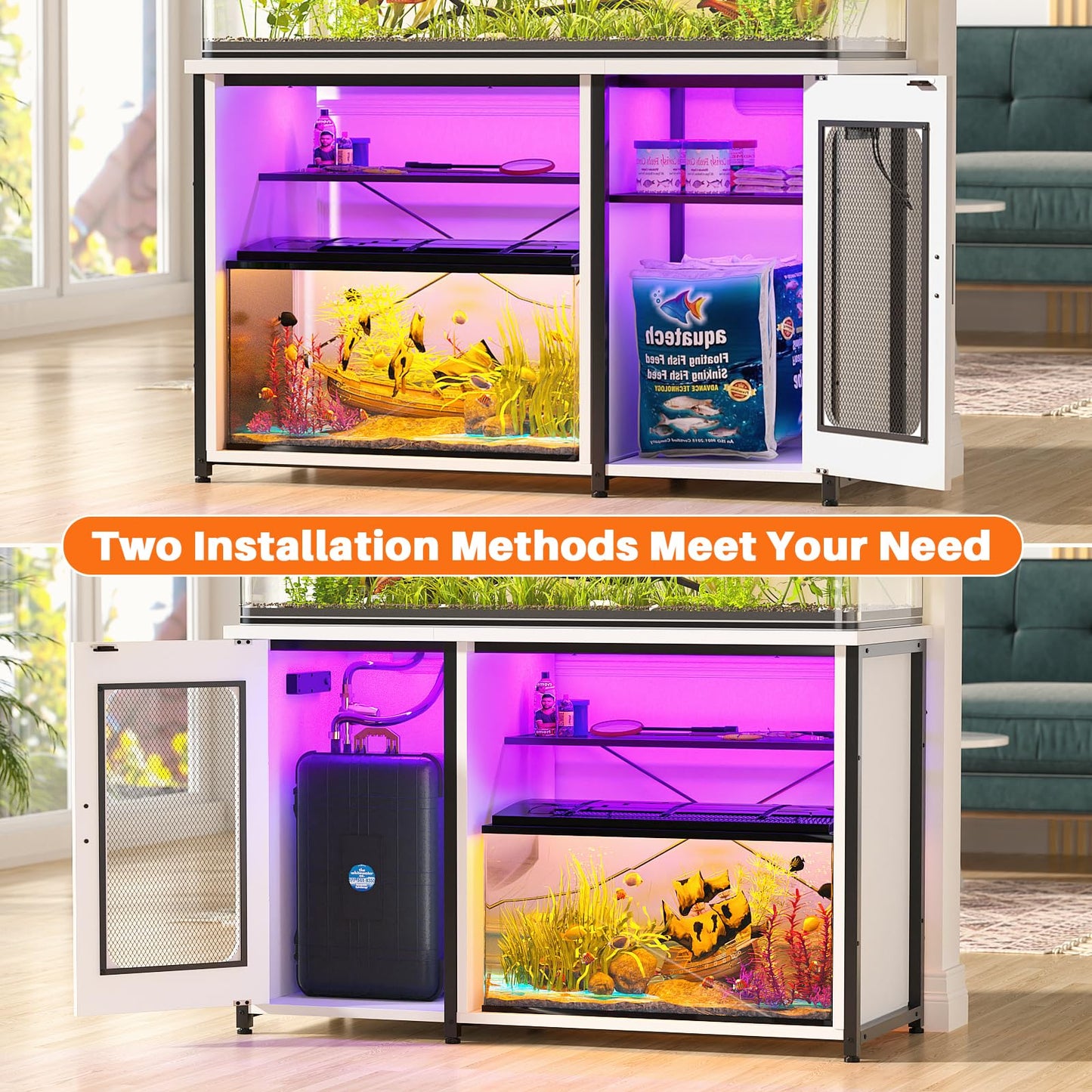 Unikito 55-75 Gallon Aquarium Stand with Power Outlets & LED Light, Reversible Fish Tank Stand with Cabinet for Fish Tank Accessories Storage, Heavy Duty Metal Frame, 880LBS Capacity, White