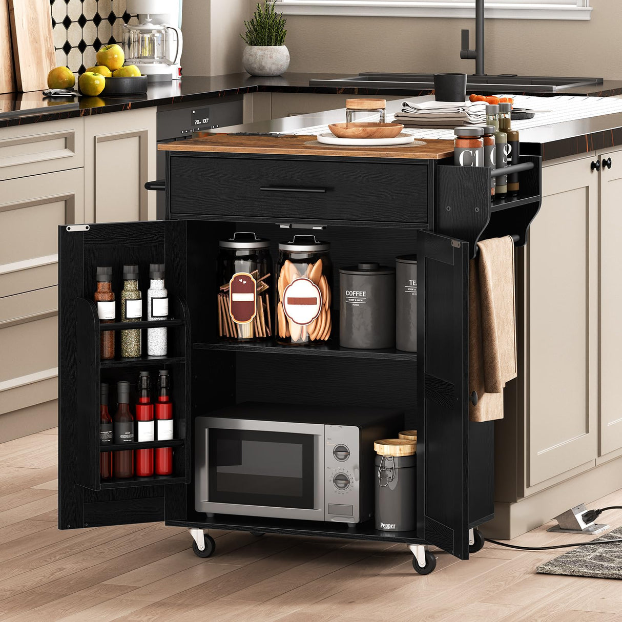 HOOBRO Kitchen Island with Power Outlet, Kitchen Storage Island with Large Worktop, Spice Rack and Drawer, Rolling Kitchen Cart on Wheels, for Kitchen and Dining Room, Rustic Brown and Black BF88UZD01 HOOBRO