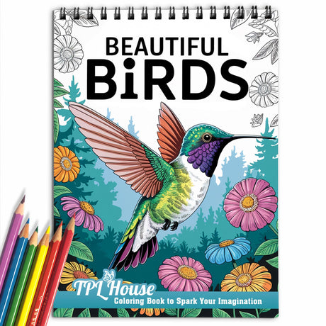 TPLHOUSE Beautiful Birds Coloring Book Spiral Bound for Adults, Premium Cover, 30 Serene Coloring Pages of Tropical Birds for Stress Relief and Relaxation TPLHOUSE
