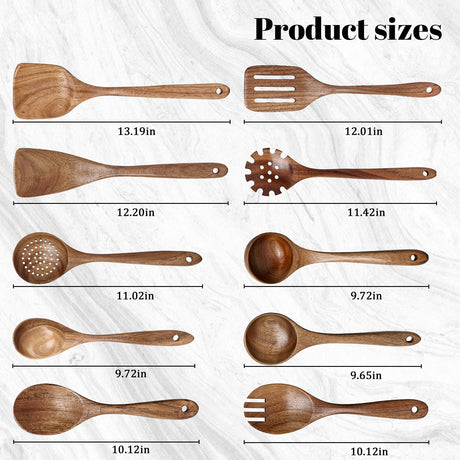 HAKSEN 10PCS Wooden Cooking Utensils, Natural Acacia Wood Kitchen Utensils Wooden Spatulas for Serving Stirring Cooking Mixing HAKSEN