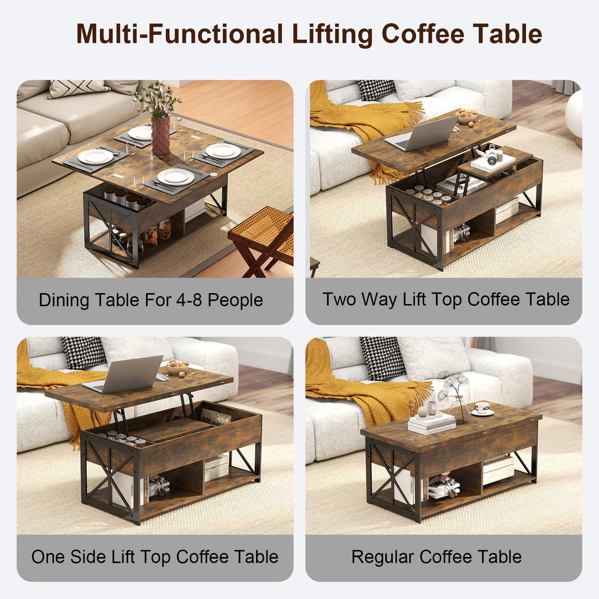 Manora Multi‑Functional Lift‑Top Coffee Table Convertible to Dining Table or Workstation for Living Room,Home Office, Compact Design with Hidden Storage, Brown Manora