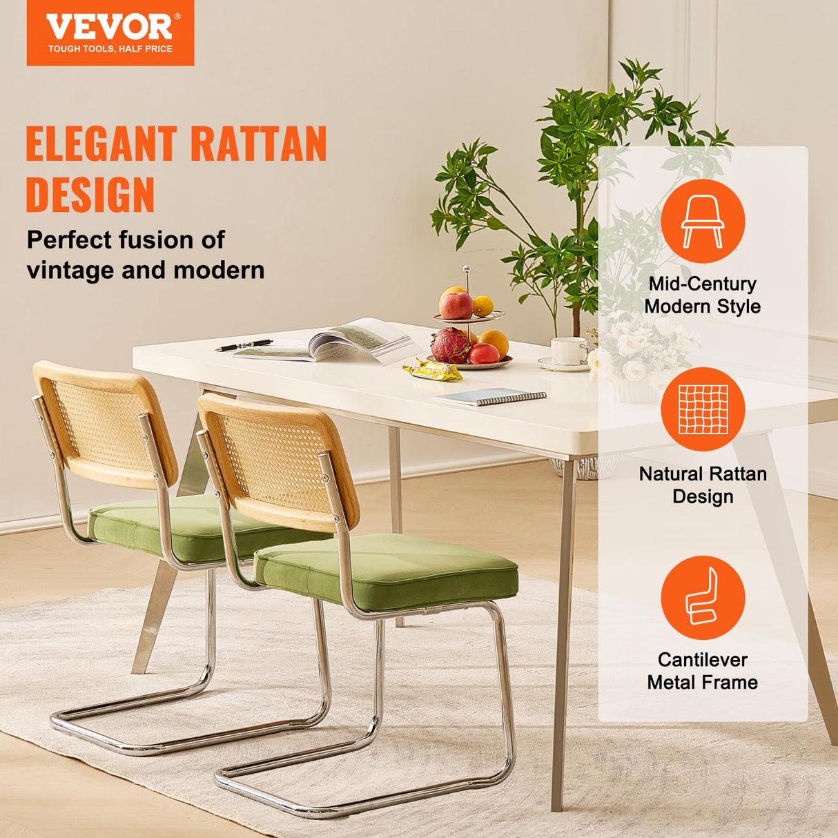 VEVOR Rattan Dining Chairs Set of 2, Mid Century Modern Dining Chair, Upholstered Velvet Accent Chair with Rattan Back, Retro Dining Room Kitchen Chair for Living Room, Bedroom (18.1 Inch) VEVOR