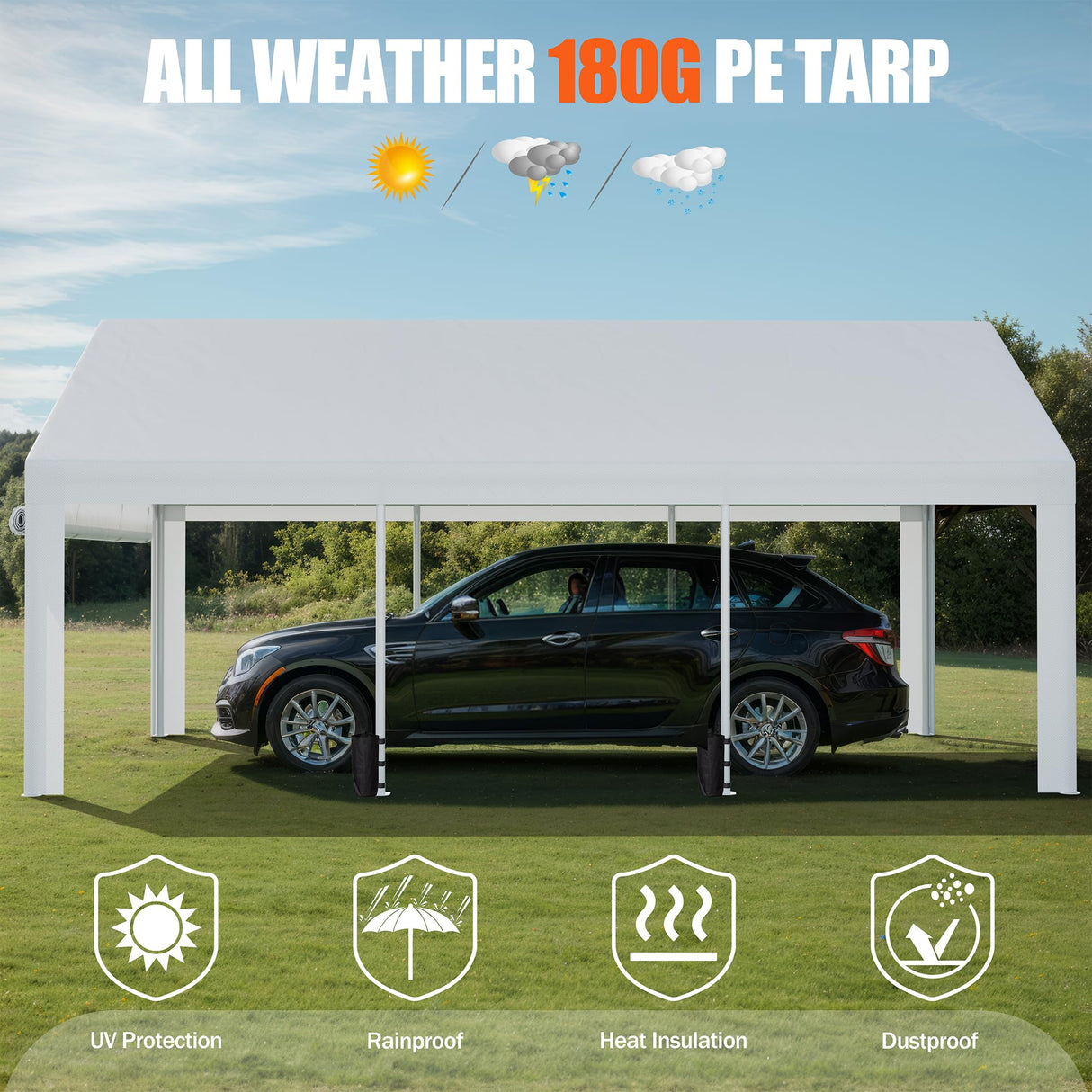 JAMFLY Carport, 12x20 ft Heavy Duty Carport with Roll-up Windows, Portable Garage with Removable Sidewalls & Doors, Car Canopy with Sandbags and All-Season Tarp for Car Boat Truck Motorcycle JAMFLY