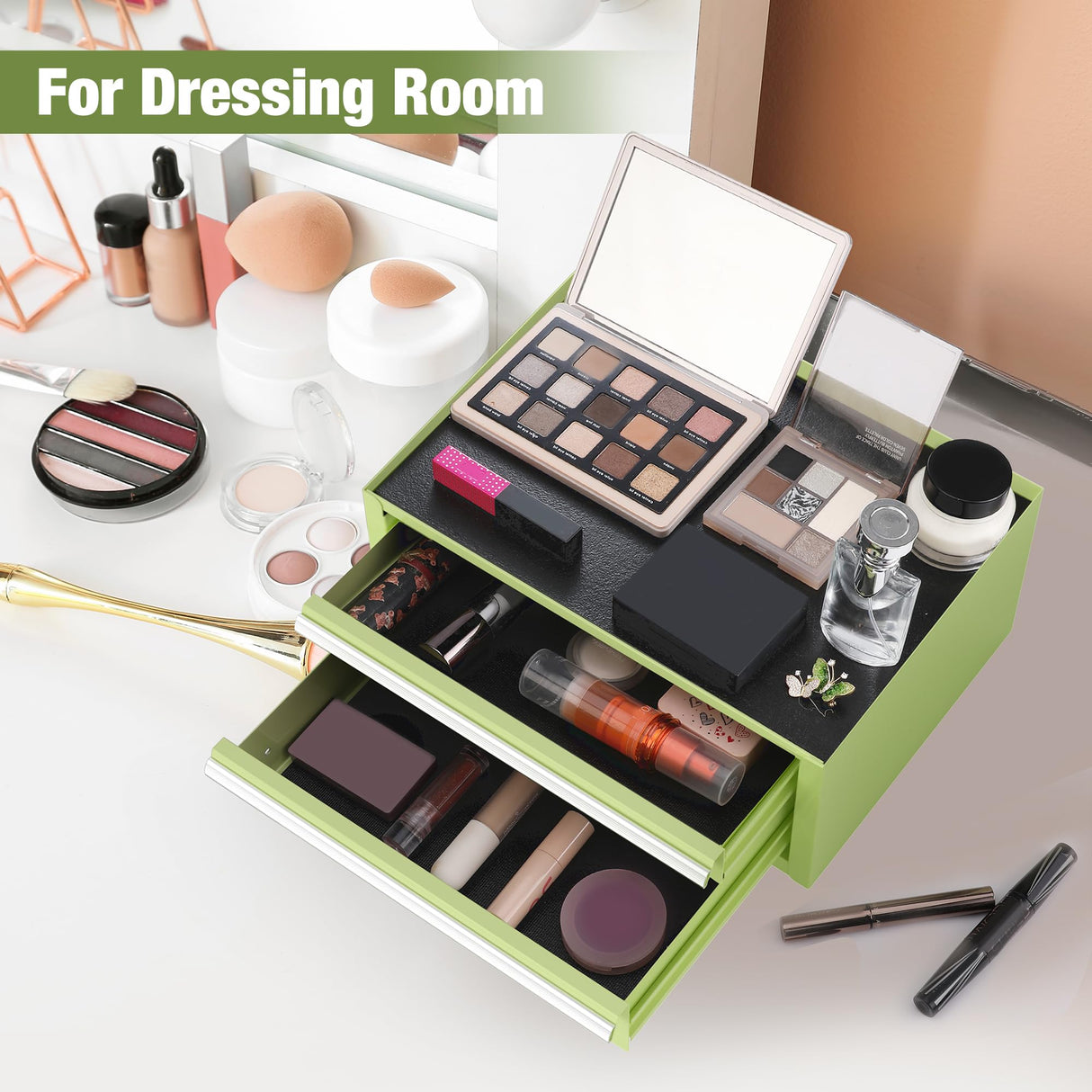 WORKPRO 12.5" Mini Tool Box with 2 Drawers & 1 Open Top Storage, Small Metal Tool Chest with PVC Liners & PP Feet Pads, Cold Rolled Steel Toolbox with Drawer Liners & Magnetic Tabs WORKPRO