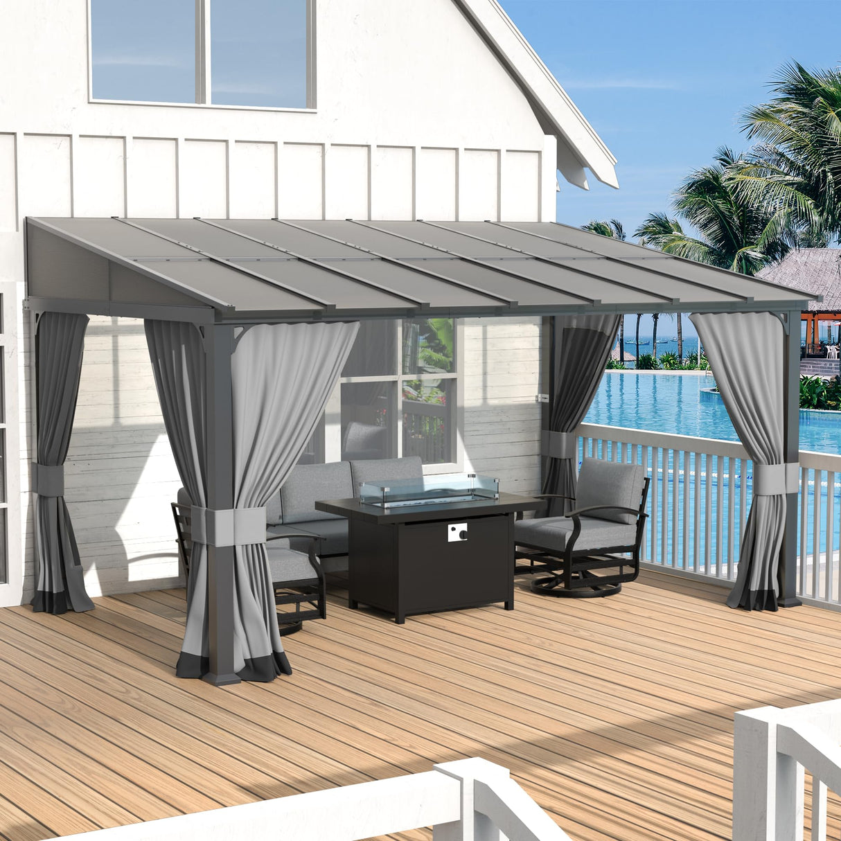 Kurapika 10’ x 14’ Gazebo, Wall Mount Gazebo Outdoor Pergola, Hardtop Lean to Gazebo Canopy Awnings with Sloped Roof and Sturdy Steel Frame, for Patio, Porch, Deck, Backyard(Grey) Kurapika