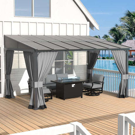 Kurapika 10’ x 14’ Gazebo, Wall Mount Gazebo Outdoor Pergola, Hardtop Lean to Gazebo Canopy Awnings with Sloped Roof and Sturdy Steel Frame, for Patio, Porch, Deck, Backyard(Grey) Kurapika