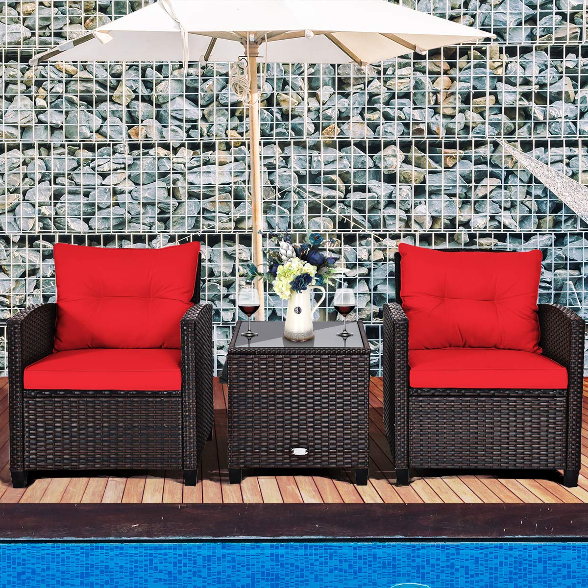 Tangkula 3 Pieces Patio Furniture Set, PE Rattan Wicker 3 Pcs Outdoor Sofa Set w/Washable Cushion and Tempered Glass Tabletop, Conversation Furniture for Garden Poolside Balcony (Red) - WoodArtSupply