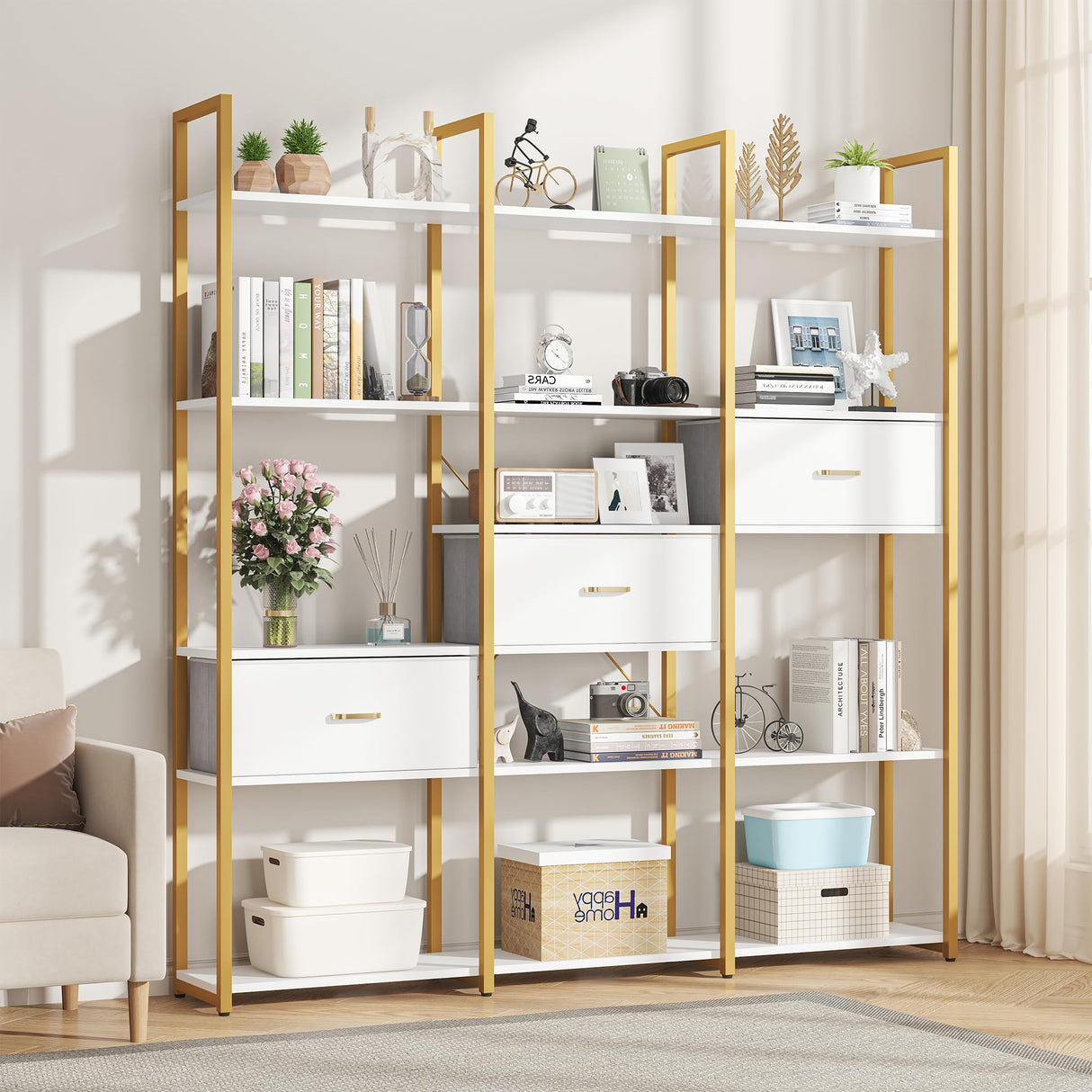 Nosepen 73.6" Tall Bookshelf with 3 Drawers and 16 Storage Shelves, Industrial Bookcase with 16 Open Display Shelves, Large Etagere Bookshelf, Triple Wide Book Shelf Book Case for Home & Office, Gold Nosepen