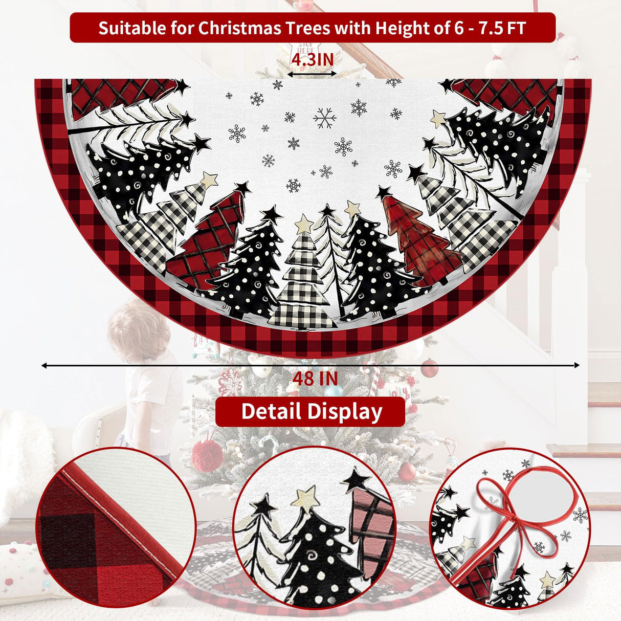 DISENB Christmas Tree Skirt 48 Inch, Red and Black Buffalo Plaid Xmas Tree Skirt, Winter Christmas Tree Mat for Home Party Holiday Indoor Outdoor Decorations DISENB