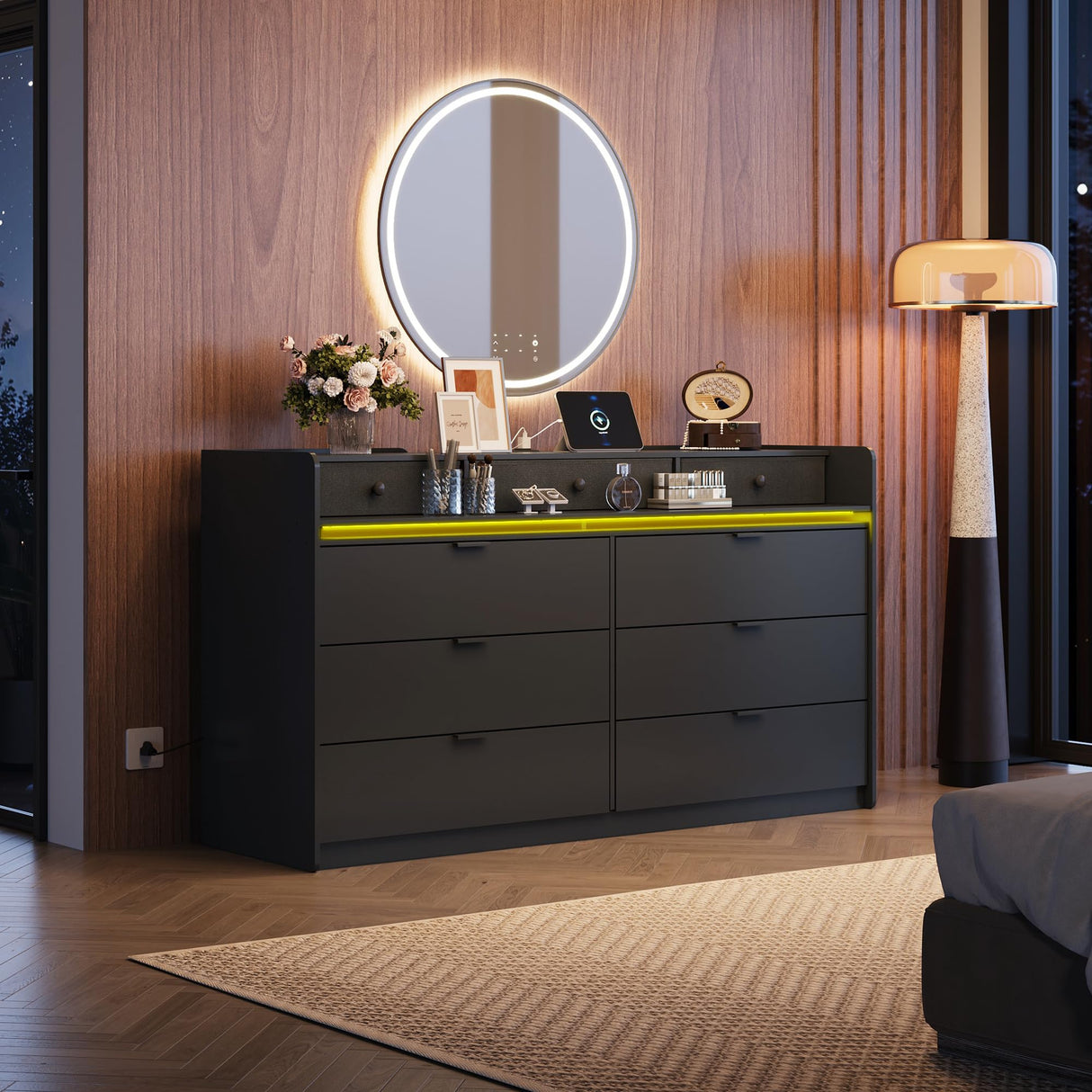 WLIVE 9 Drawer Led Dresser for Bedroom, 58.35'' Black Wood Dresser Storage Organizer with Power Outlets for 65'' TV, Dressers with Open Shelves, Chest of Drawers for Closet, Living Room WLIVE