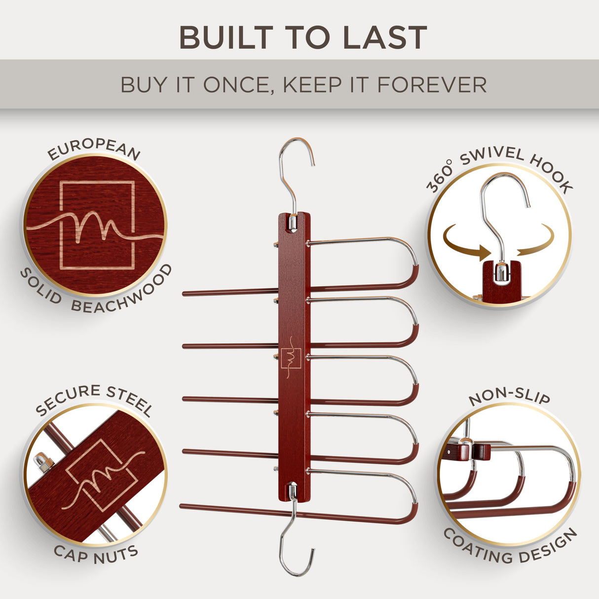 MORALVE Pants Hangers Space Saving - 2 Pack European Beechwood Scarf and Jean Hangers - Closet Organizer and Space Saver Pant Rack, Leggings Hanger, and Scarf Holder with 360° Swivel Hook MORALVE