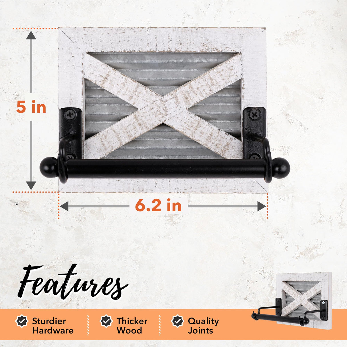 Autumn Alley White Farmhouse Toilet Paper Holder Wall - Farmhouse Bathroom Decorative Accessories Country - White Washed Wood, Galvanized Metal & Matte Black Metal - Adds Rustic Bathroom Charm Autumn Alley