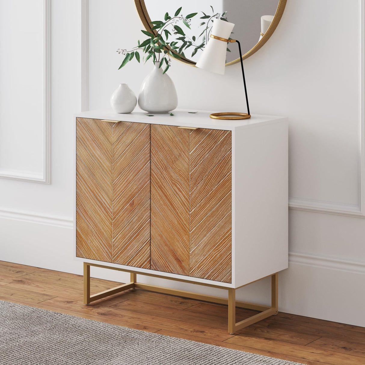 Nathan James Wood Accent Modern Free Standing Buffet Sideboard Hallway, Entryway, Dining Living Room, 1 Storage Cabinet, Enloe - White/Gold Nathan James