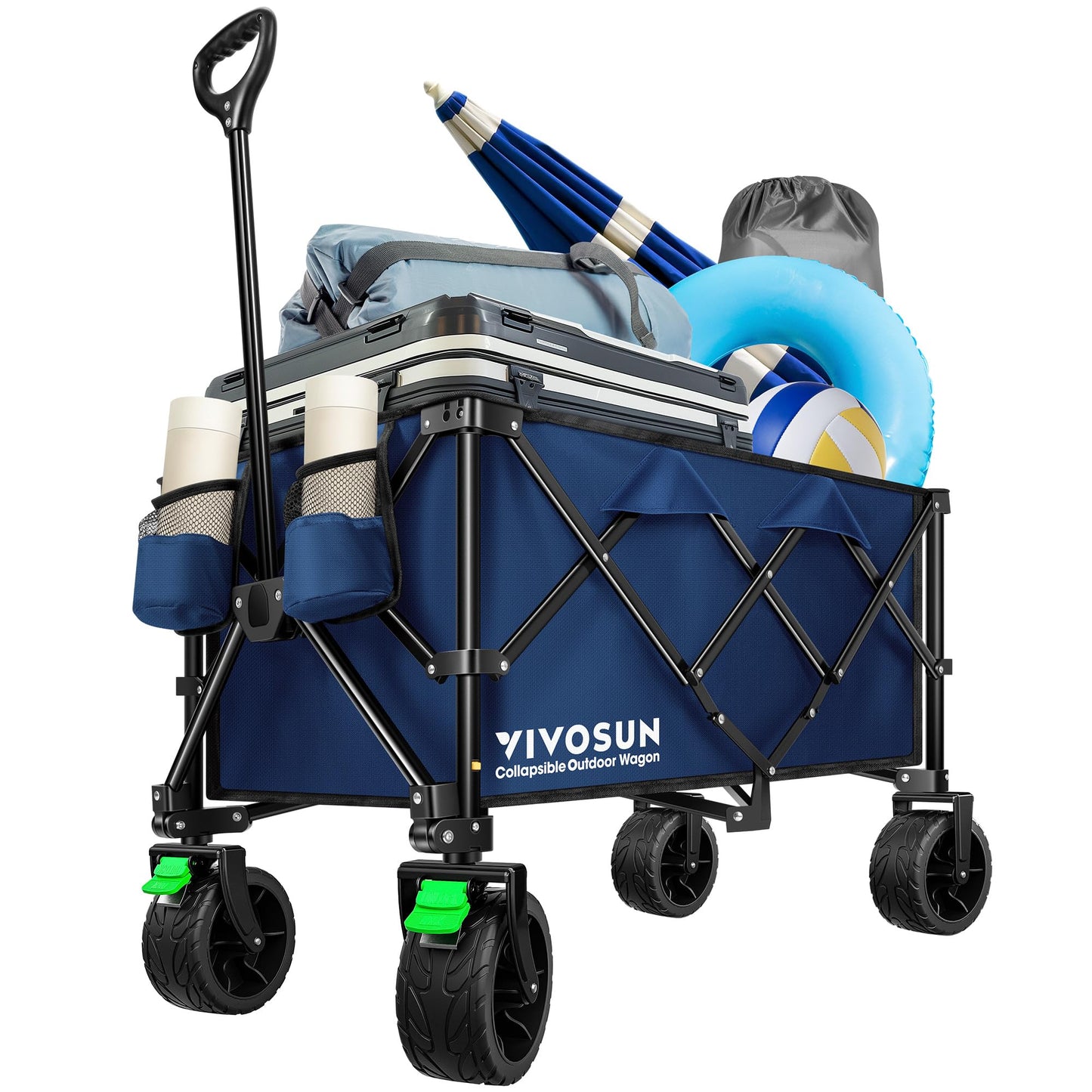 VIVOSUN Collapsible Folding Wagon, Outdoor Utility with Silent All-Terrain Beach Wheels, Adjustable Handle, Cup Holders & Side Pockets, for Camping, Beach, Shopping, Garden, Sports, Picnic, Blue