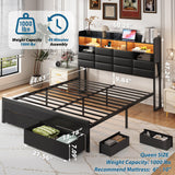 Etditrnp Queen Bed Frame with Storage Headboard, Upholstered Black Bed Frame with 4 Drawers, LED Lights, and Charging Station, Heavy-Duty Metal Slats Support, Noise-Free Etditrnp